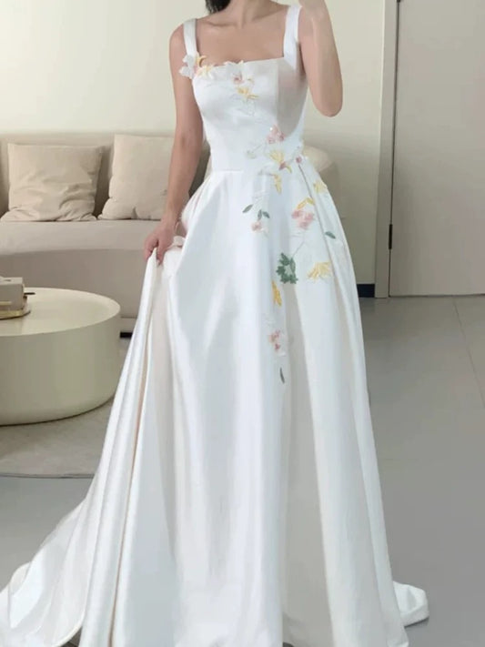 Modest A Line Square Neck White Satin Long Evening Spring Summer Beach Formal Wedding Dress N3491