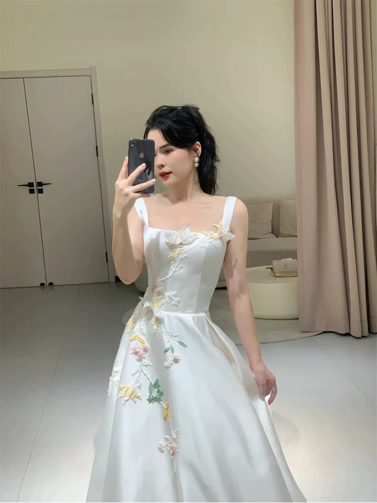 Schlichtes A-Linien-Abendkleid mit eckigem Ausschnitt aus weißem Satin, für Frühling, Sommer, Strand, formelle Anlässe, Hochzeit N3491