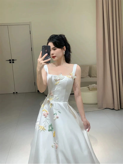 Schlichtes A-Linien-Abendkleid mit eckigem Ausschnitt aus weißem Satin, für Frühling, Sommer, Strand, formelle Anlässe, Hochzeit N3491
