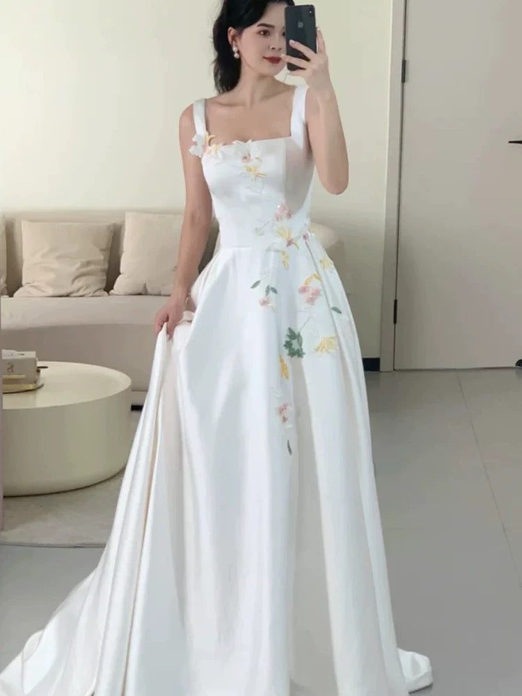 Schlichtes A-Linien-Abendkleid mit eckigem Ausschnitt aus weißem Satin, für Frühling, Sommer, Strand, formelle Anlässe, Hochzeit N3491