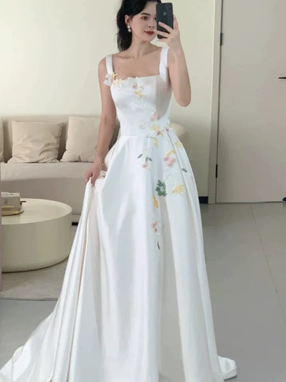 Schlichtes A-Linien-Abendkleid mit eckigem Ausschnitt aus weißem Satin, für Frühling, Sommer, Strand, formelle Anlässe, Hochzeit N3491