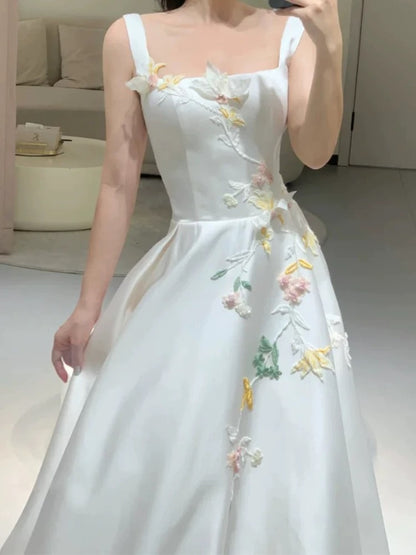 Schlichtes A-Linien-Abendkleid mit eckigem Ausschnitt aus weißem Satin, für Frühling, Sommer, Strand, formelle Anlässe, Hochzeit N3491