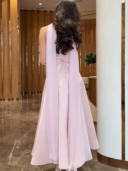 Modest A Line Strapless Satin Pink Ankle Length Evening Spring Summer Beach Formal Wedding Guest Dress N3492
