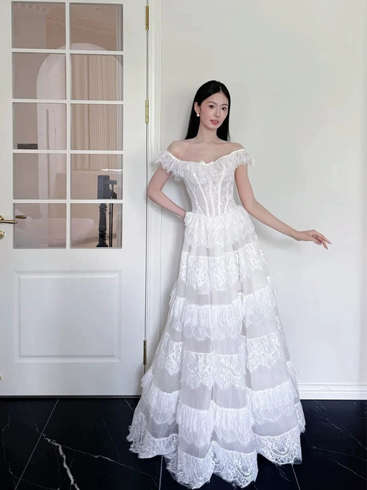 Simple Wedding Dresses Ball Gown Off The Shoulder White Tulle With Lace Long Brides Gown N3494