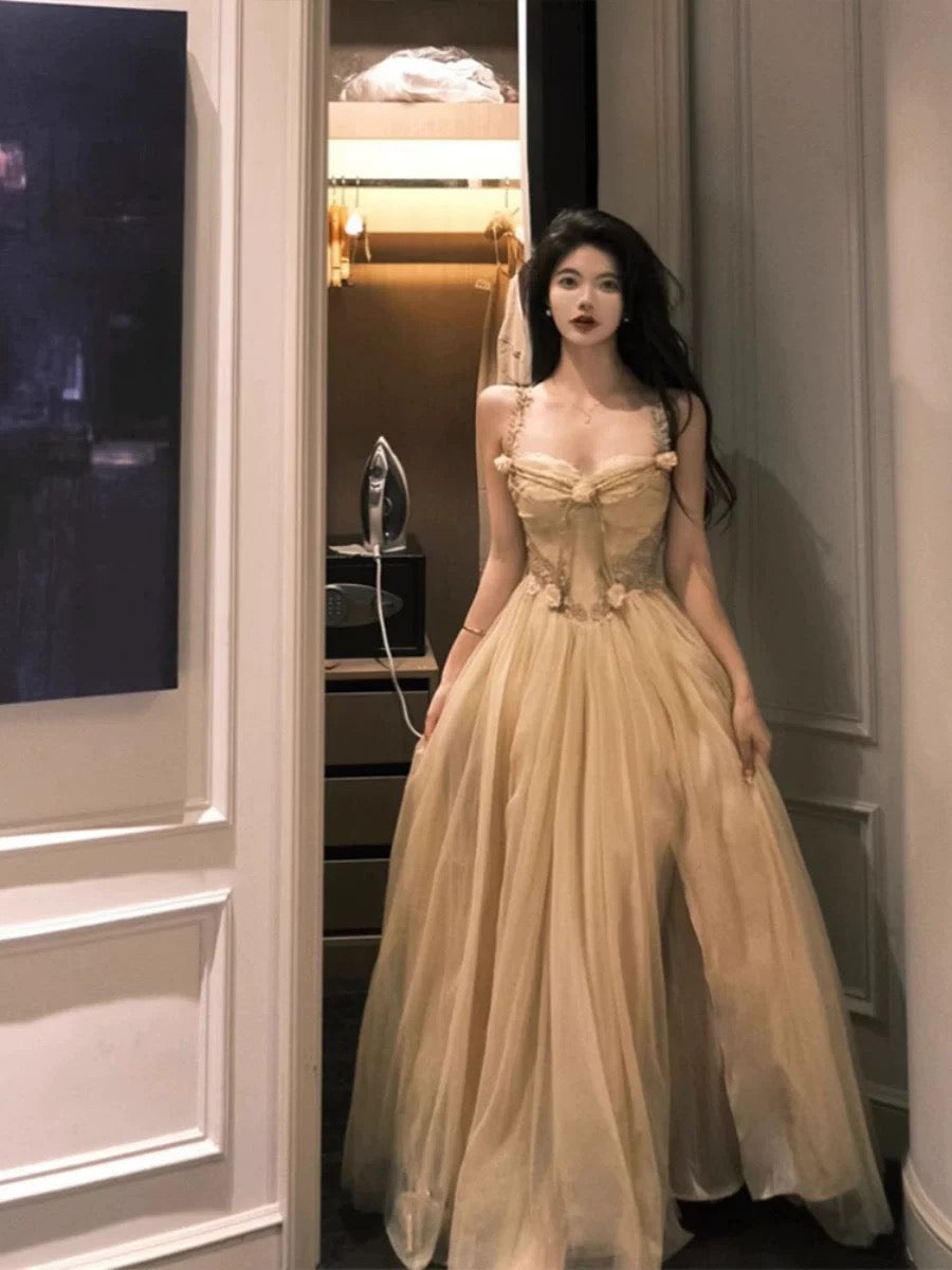 Modeste robe de soirée longue en tulle couleur champagne, coupe trapèze, à fines bretelles, pour le printemps, l'été, la plage, cérémonie, invitée de mariage N3495