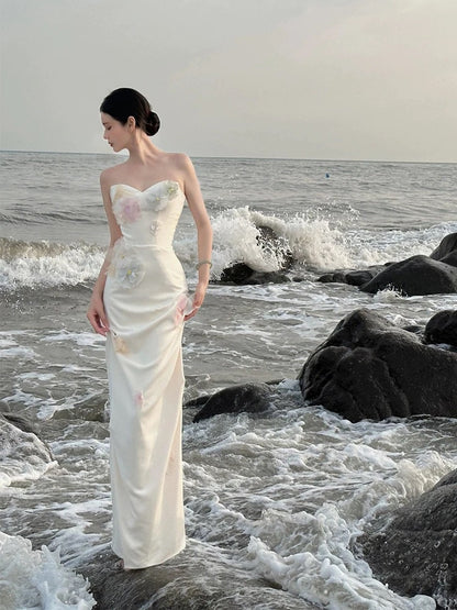 Bescheidene Meerjungfrau Sweethart Elfenbein Abend Frühlings-Sommer Strand Festliche Ballkleider Hochzeitsgastkleider N3496