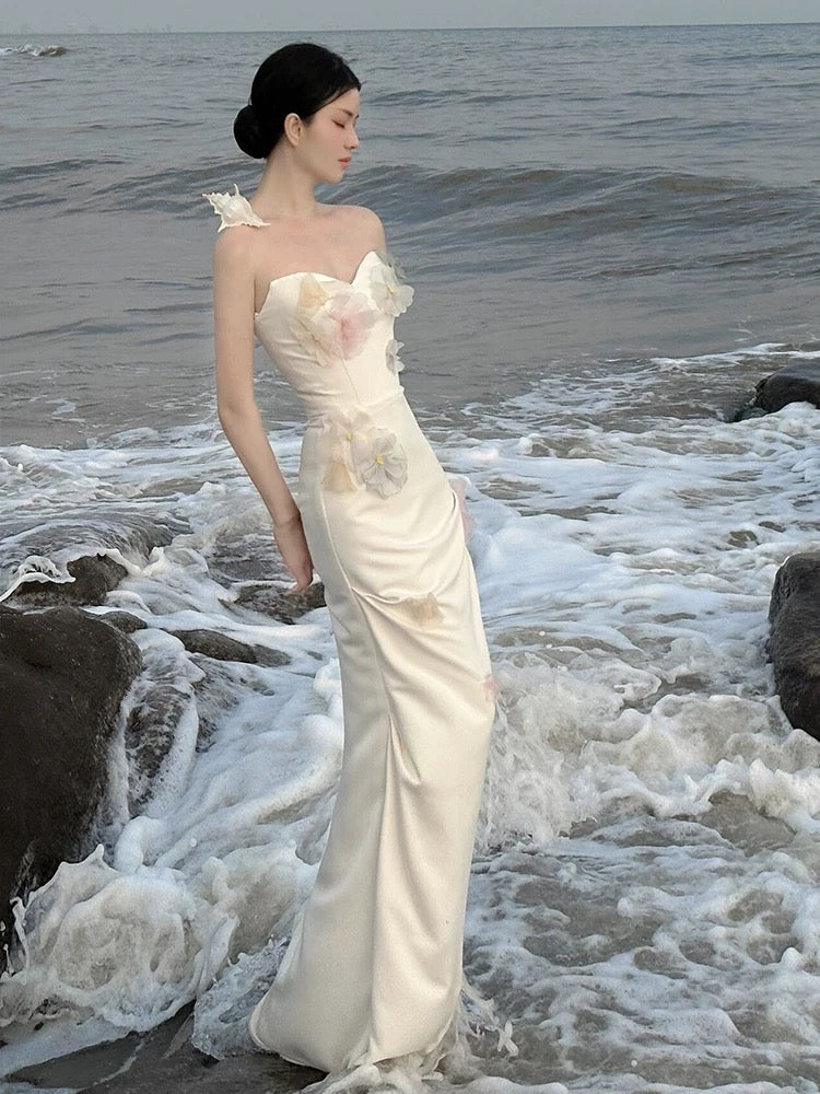 Bescheidene Meerjungfrau Sweethart Elfenbein Abend Frühlings-Sommer Strand Festliche Ballkleider Hochzeitsgastkleider N3496