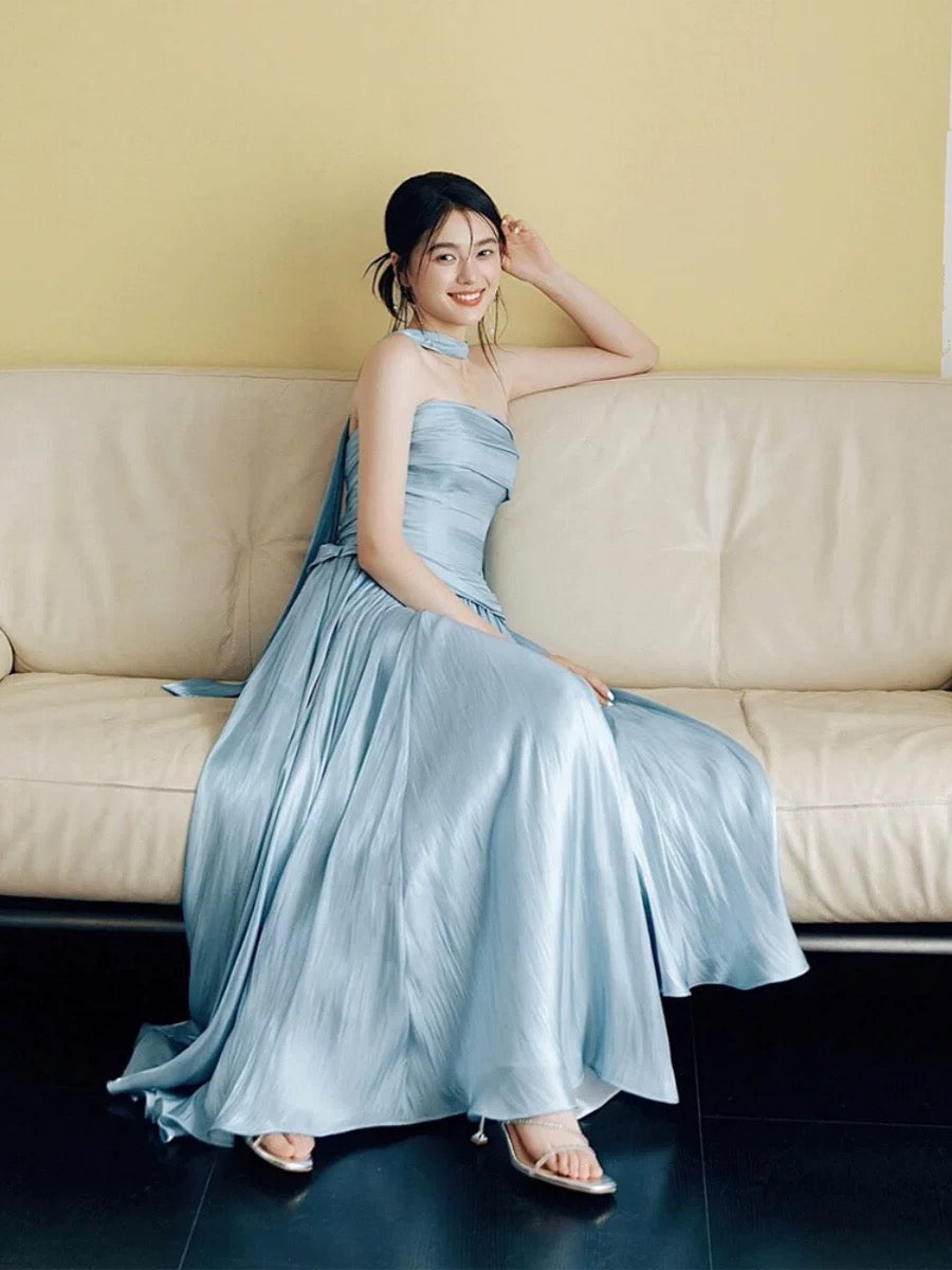 Robe de soirée bustier longue en satin bleu ciel modeste avec écharpe pour mariage formel d'été à la plage N3497