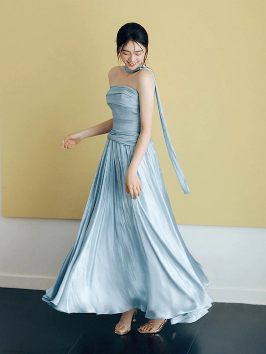 Modest A Line Strapless Satin Light Sky Blue Evening With Scarf Summer Beach Formal Wedding Guest Dress N3497