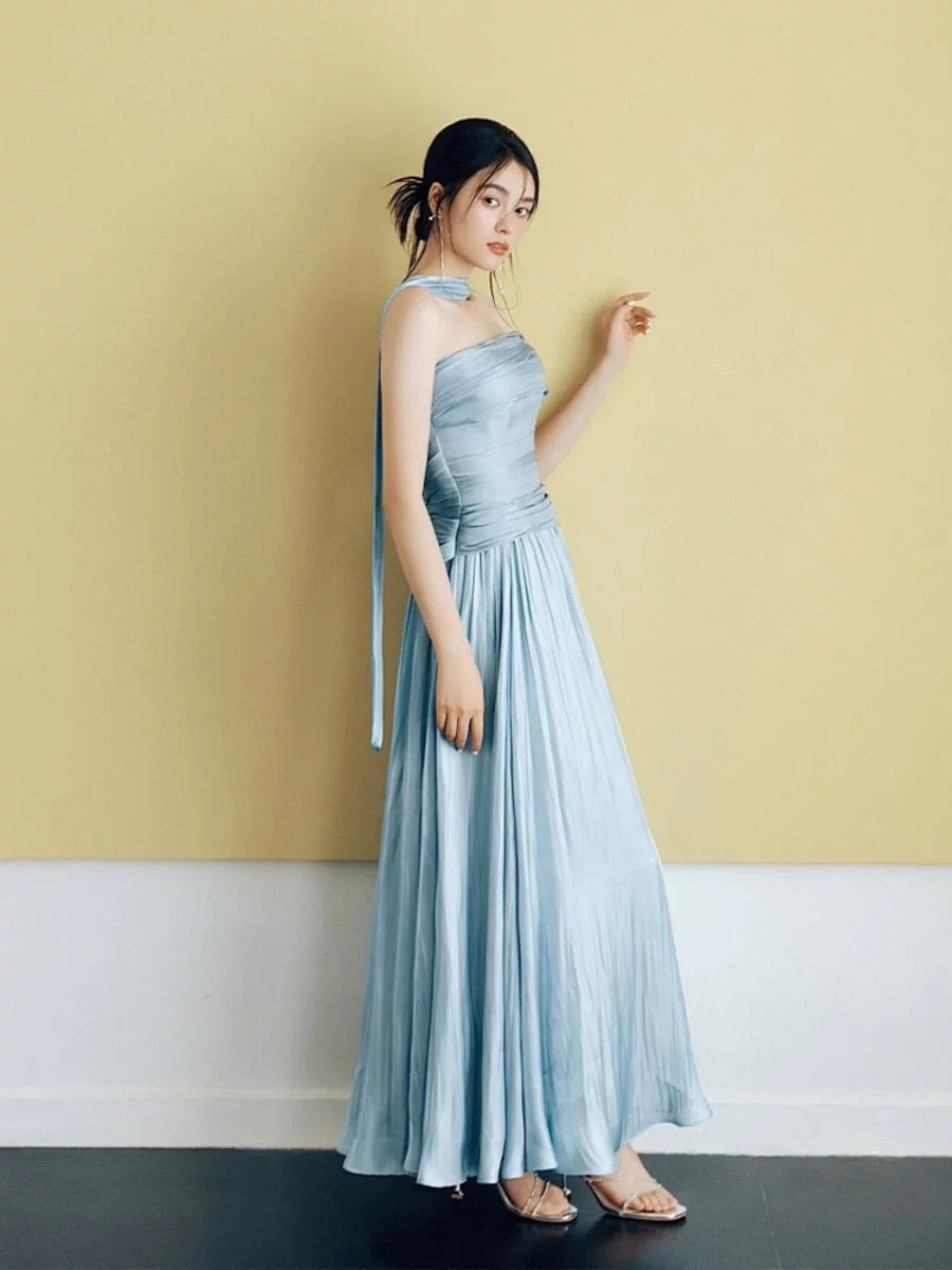 Robe de soirée bustier longue en satin bleu ciel modeste avec écharpe pour mariage formel d'été à la plage N3497