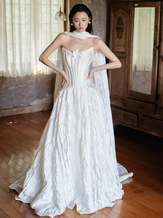 Simple Wedding Dresses Ball Gown Strapless White Satin With Scarf Long Brides Gown N3500