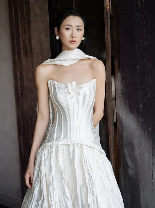 Simple Wedding Dresses Ball Gown Strapless White Satin With Scarf Long Brides Gown N3500