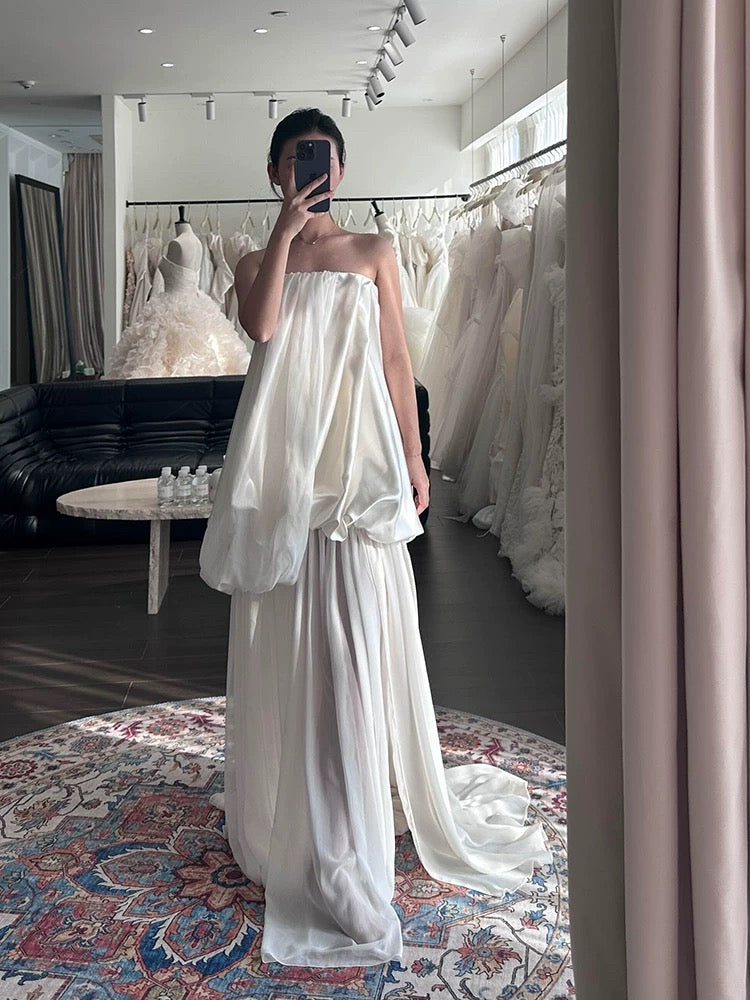 Robes de mariée style français coupe trapèze bustier satin blanc mousseline longue robe de mariée N3501