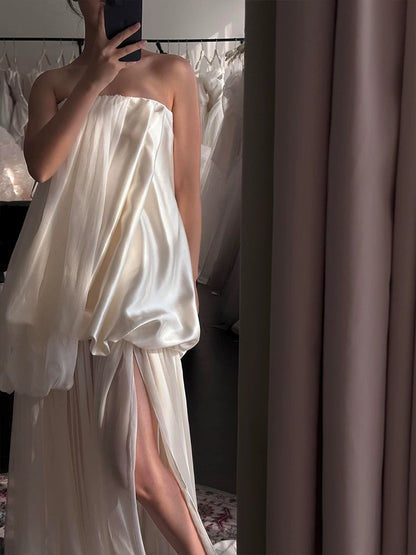 Robes de mariée style français coupe trapèze bustier satin blanc mousseline longue robe de mariée N3501