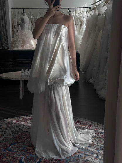 Robes de mariée style français coupe trapèze bustier satin blanc mousseline longue robe de mariée N3501
