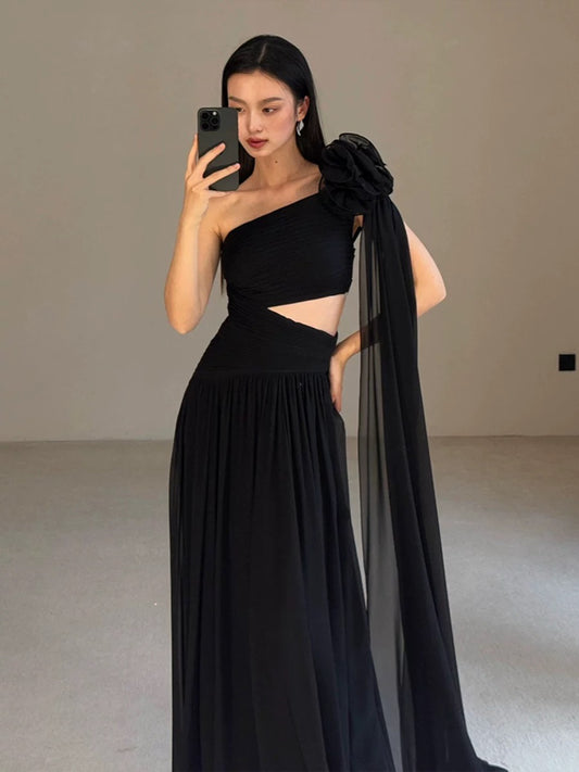 Modest A Line One Shoulder Black Tie Dress Evening With Ribbon Summer Beach Formal Wedding Guest Dress N3502