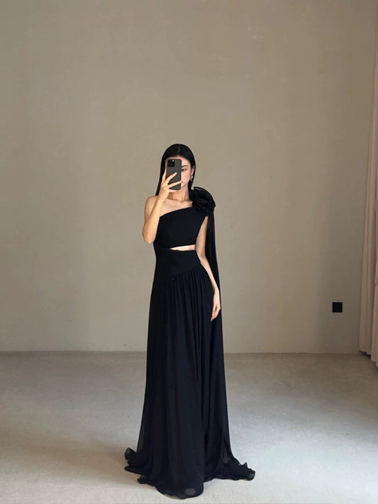 Modest A Line One Shoulder Black Tie Dress Evening With Ribbon Summer Beach Formal Wedding Guest Dress N3502