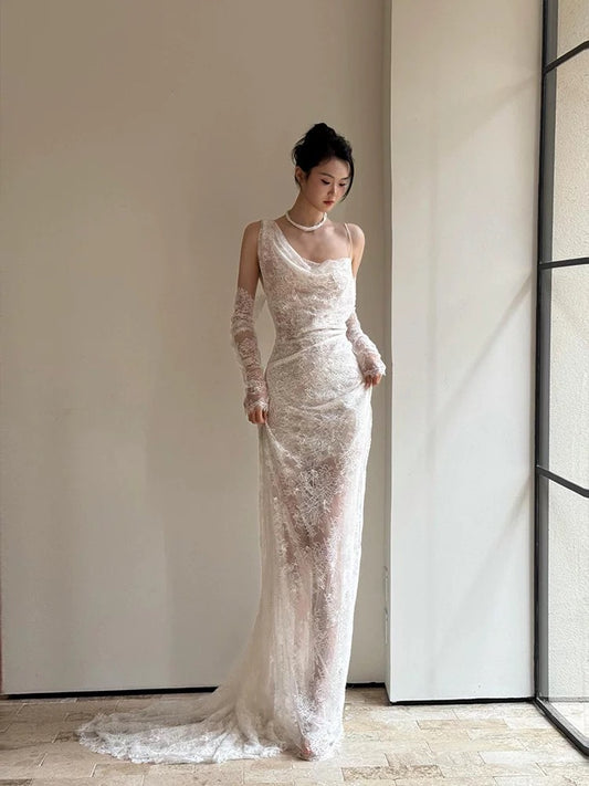 French Style Wedding Dresses Mermaid Irregular Neck Lace White With Gloves Long Brides Gown N3503