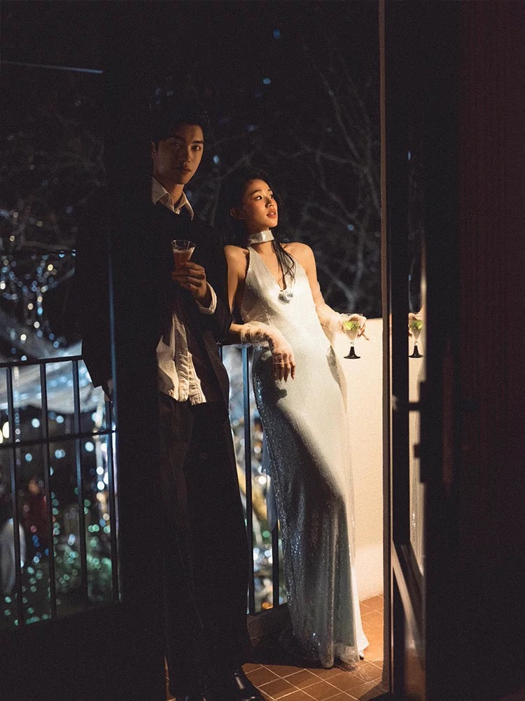 Robe de soirée sirène scintillante à paillettes avec ruban d'été pour invitée de mariage N3504