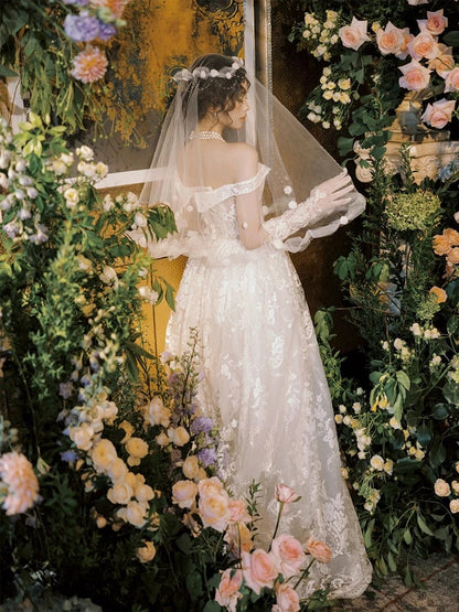 Robes de mariée style français, robe de bal, épaules dénudées, dentelle blanche, robe longue de mariée N3506
