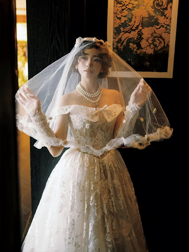 Robes de mariée style français, robe de bal, épaules dénudées, dentelle blanche, robe longue de mariée N3506