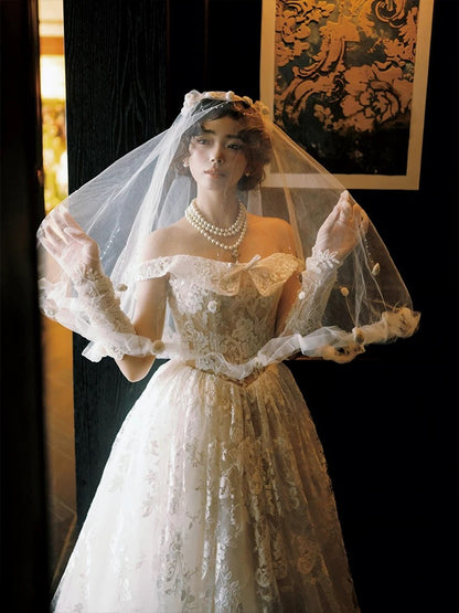 Robes de mariée style français, robe de bal, épaules dénudées, dentelle blanche, robe longue de mariée N3506