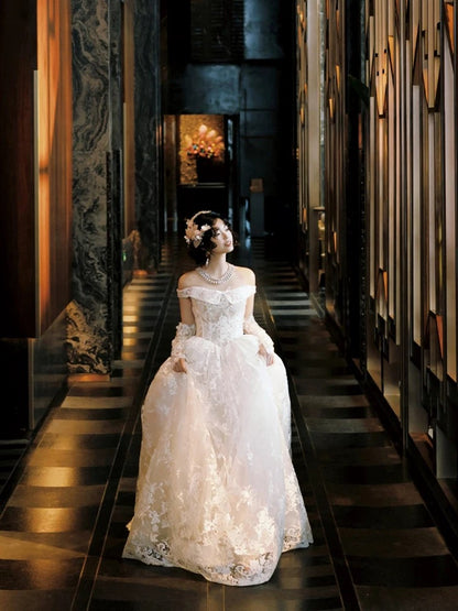 Robes de mariée style français, robe de bal, épaules dénudées, dentelle blanche, robe longue de mariée N3506
