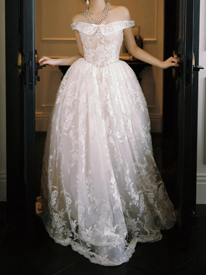 Robes de mariée style français, robe de bal, épaules dénudées, dentelle blanche, robe longue de mariée N3506
