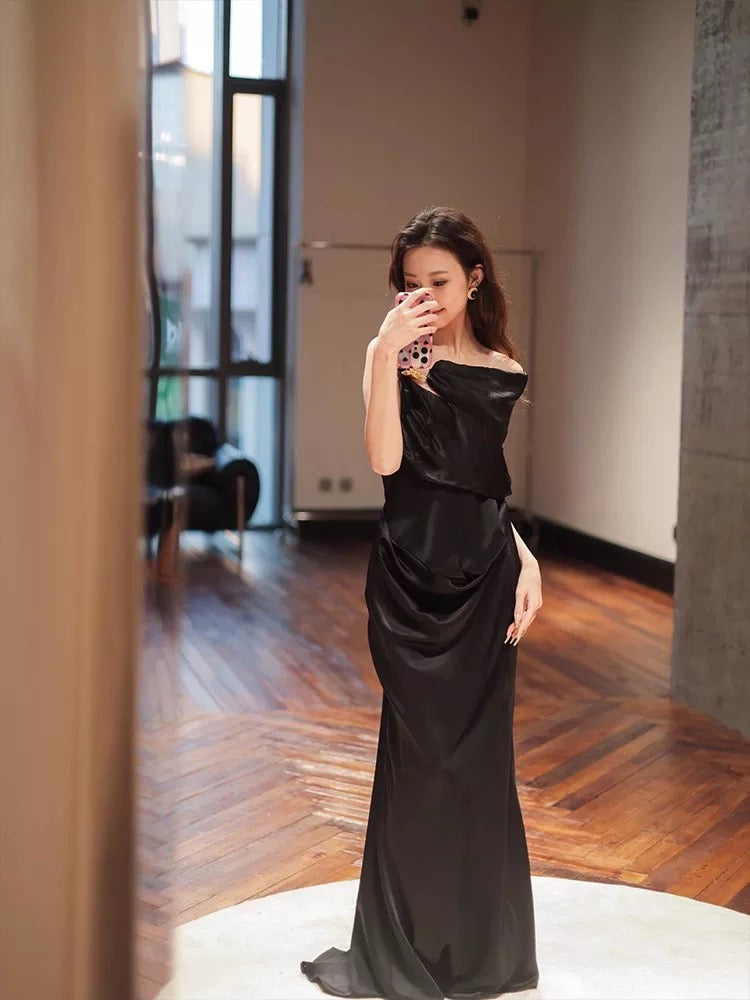 Schlichtes Meerjungfrau-Abendkleid in Schwarz aus Satin, rückenfrei, für Sommer, Strand, formelle Anlässe, Hochzeitsgast, N3508