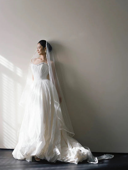 French Style Wedding Dresses A Line Sweetheart Satin Sleeveless White Long Brides Gown N3509