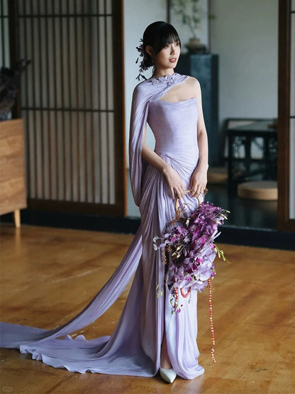 Charmante Robe de Soirée sans Bretelles Lilas Sirène avec Foulard pour Mariage d'Été sur la Plage N3510