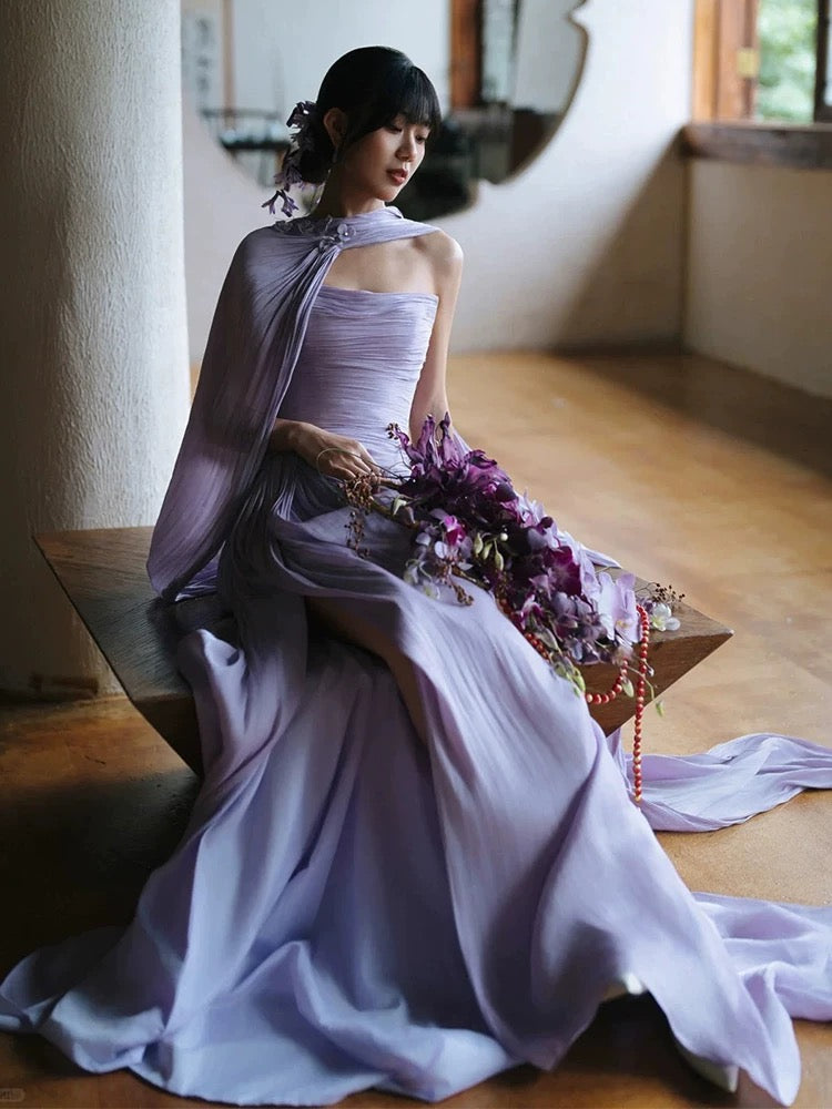 Charmante Robe de Soirée sans Bretelles Lilas Sirène avec Foulard pour Mariage d'Été sur la Plage N3510