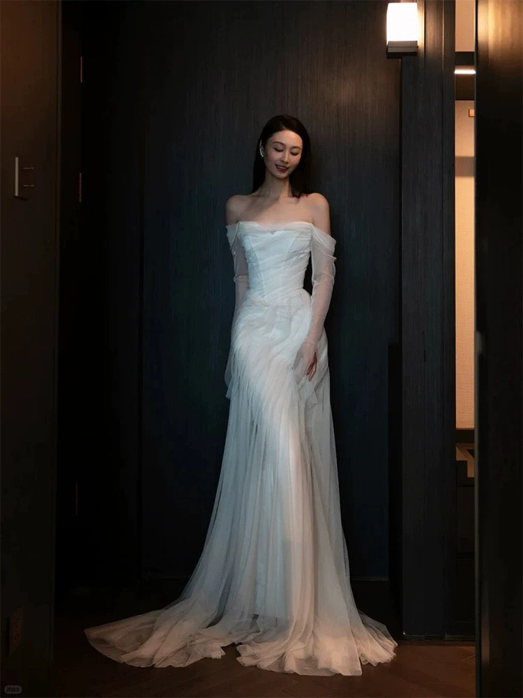 French Style Wedding Dresses Mermaid Off The Shoulder With Long Sleeves White Tulle Brides Gown N3511