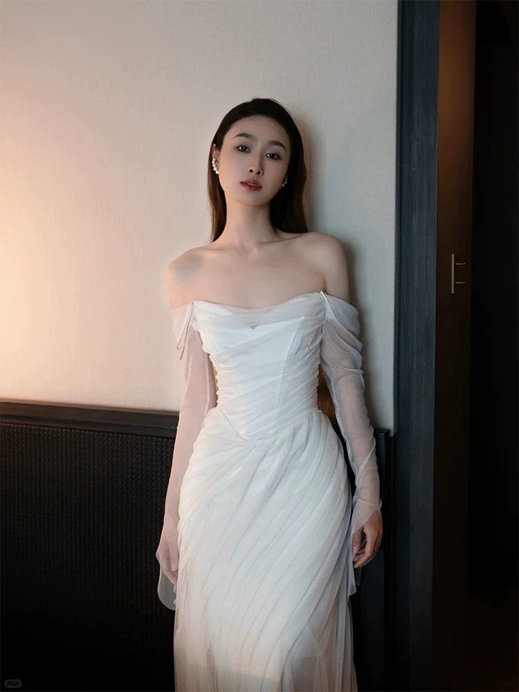 French Style Wedding Dresses Mermaid Off The Shoulder With Long Sleeves White Tulle Brides Gown N3511