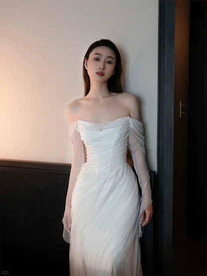 French Style Wedding Dresses Mermaid Off The Shoulder With Long Sleeves White Tulle Brides Gown N3511