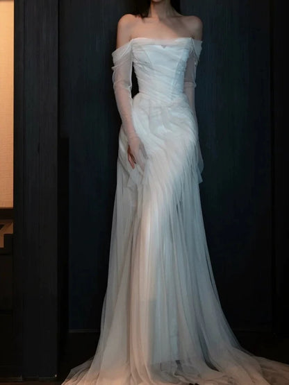 French Style Wedding Dresses Mermaid Off The Shoulder With Long Sleeves White Tulle Brides Gown N3511