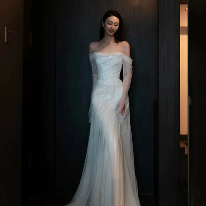 French Style Wedding Dresses Mermaid Off The Shoulder With Long Sleeves White Tulle Brides Gown N3511