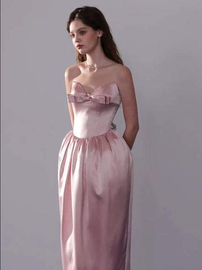 Robe de soirée rose en satin coupe trapèze simple avec nœud papillon pour invitée de mariage formel N3913