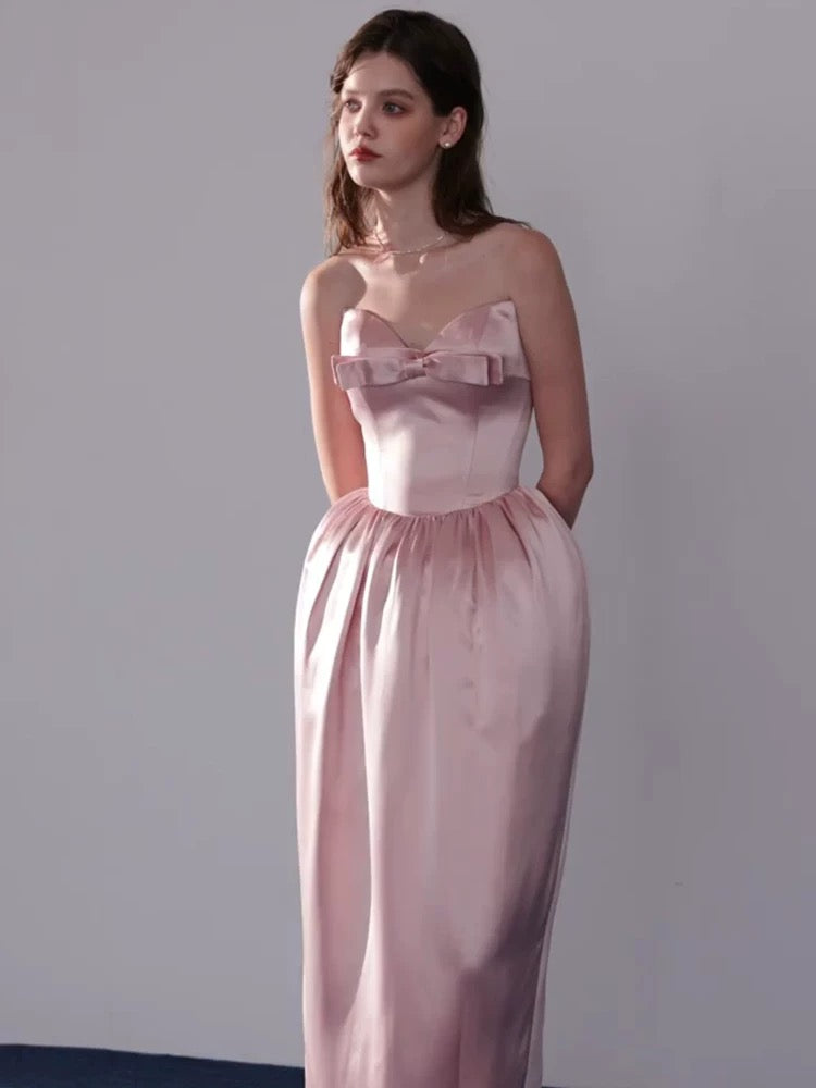 Robe de soirée rose en satin coupe trapèze simple avec nœud papillon pour invitée de mariage formel N3913