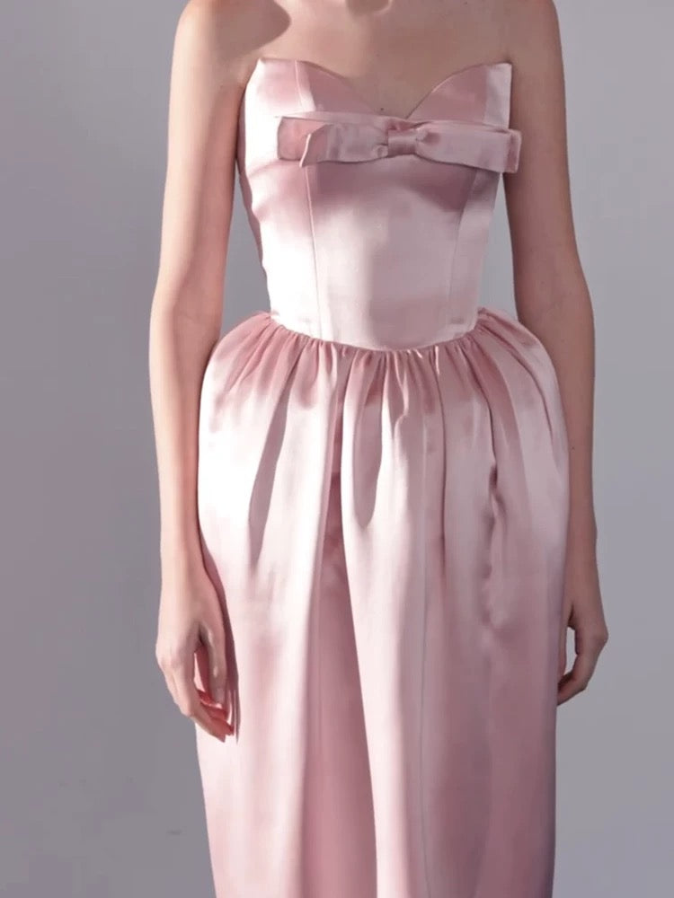 Robe de soirée rose en satin coupe trapèze simple avec nœud papillon pour invitée de mariage formel N3913