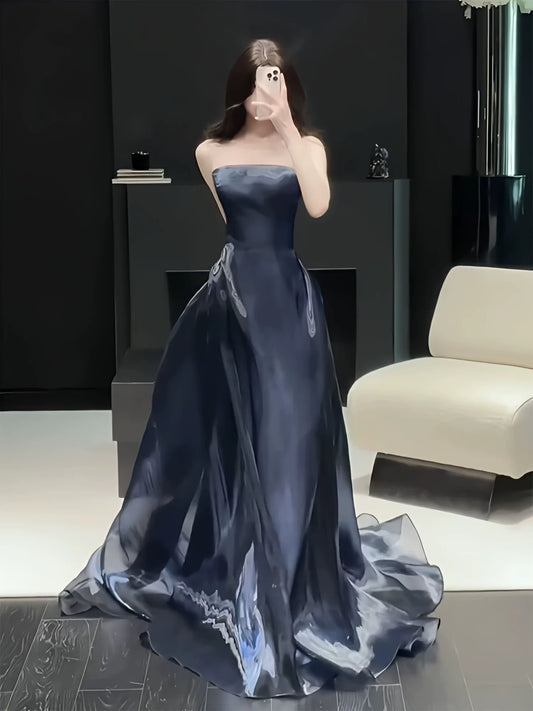 Charming Prom Dresses Mermaid Strapless Navy Blue Organza Long Formal Evening Dress N3914