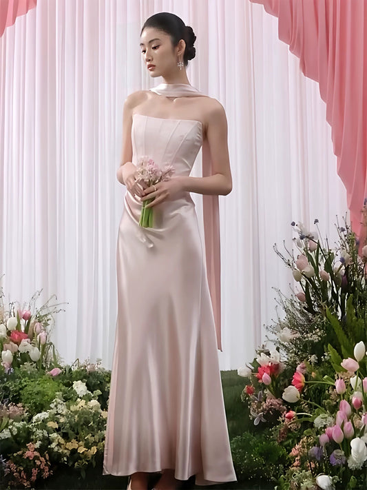 Simple Mermaid Strapless Satin Pink Evening With Scarf Summer Beach Formal Wedding Guest Dress N3919