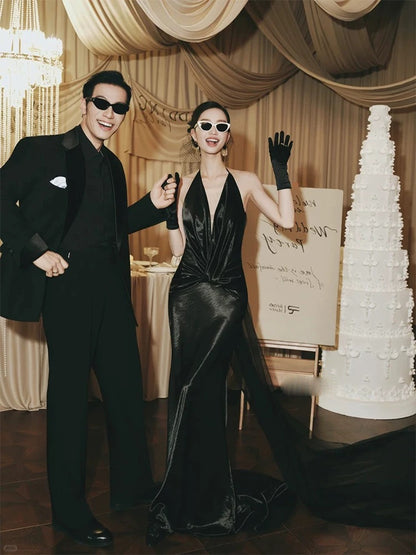 Robe de soirée élégante sirène à licou noire pour invitée de mariage, idéale pour le printemps, l'été et la plage N3920