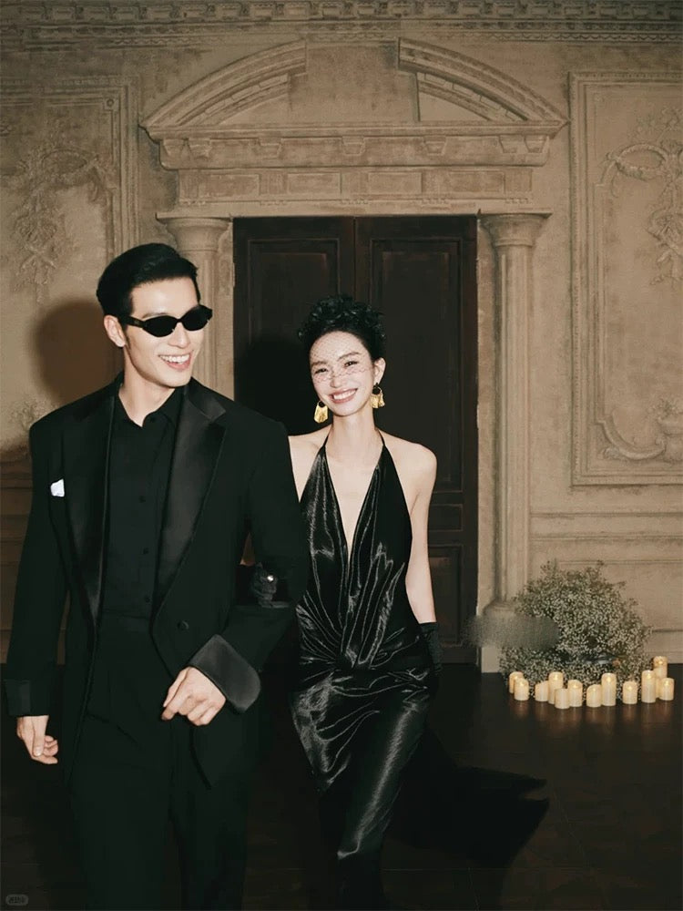 Robe de soirée élégante sirène à licou noire pour invitée de mariage, idéale pour le printemps, l'été et la plage N3920