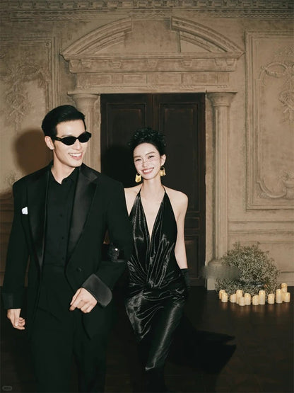 Robe de soirée élégante sirène à licou noire pour invitée de mariage, idéale pour le printemps, l'été et la plage N3920