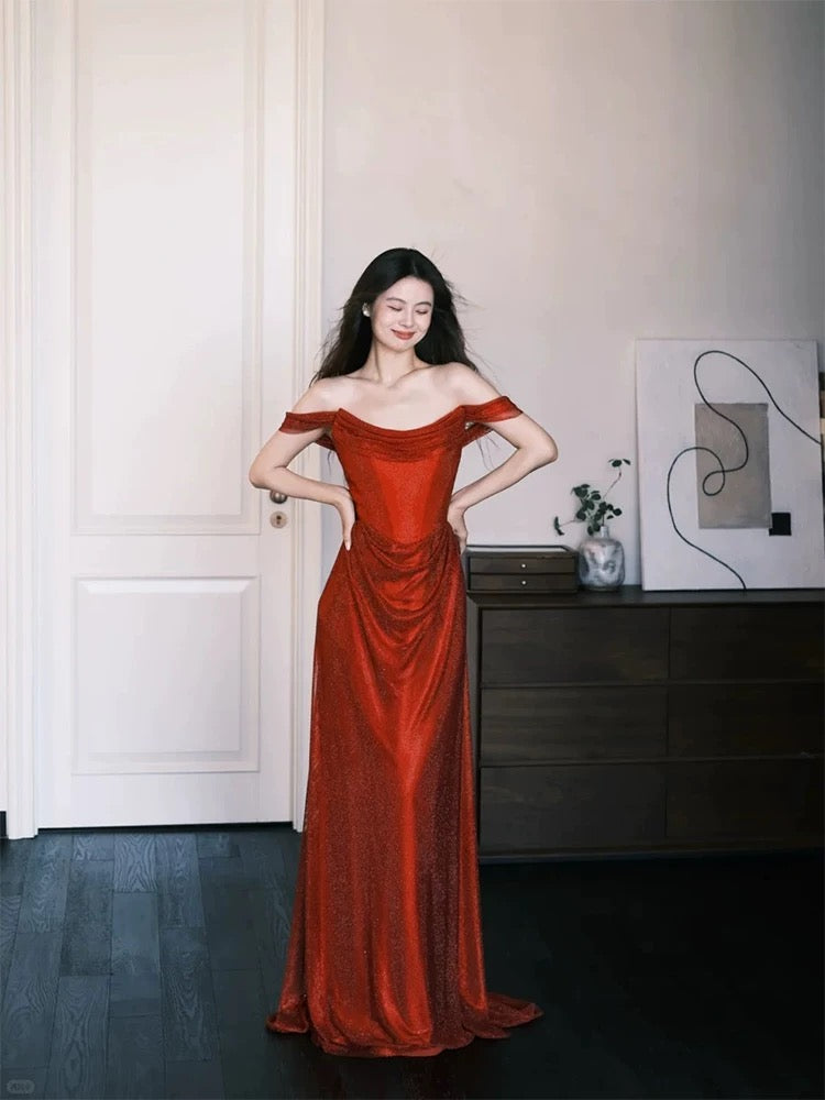 Robes de bal scintillantes sirène épaules dénudées robe de soirée longue à sequins rouges N3921