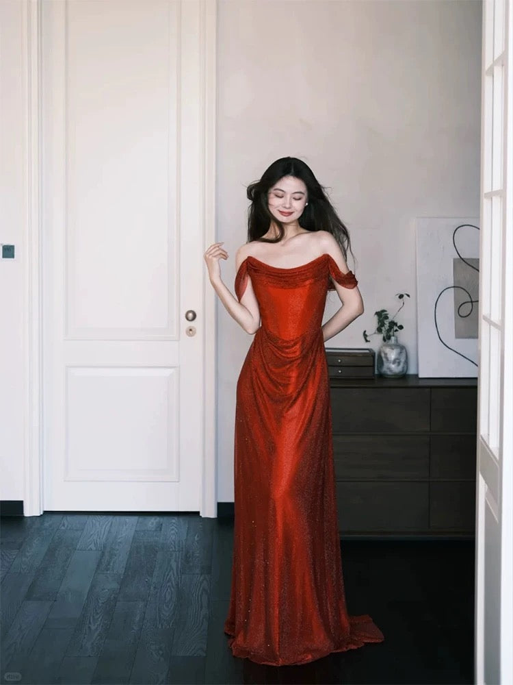 Robes de bal scintillantes sirène épaules dénudées robe de soirée longue à sequins rouges N3921