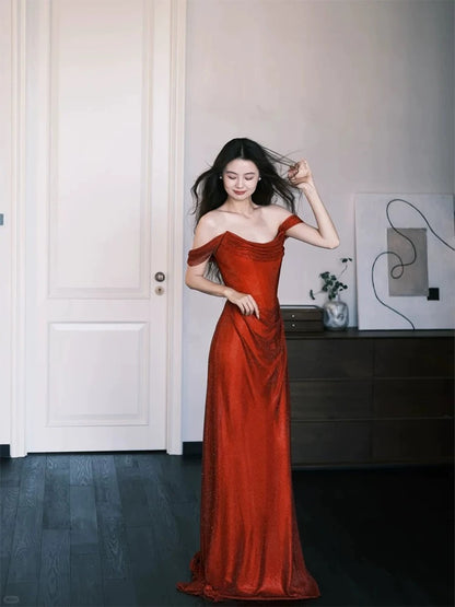 Robes de bal scintillantes sirène épaules dénudées robe de soirée longue à sequins rouges N3921