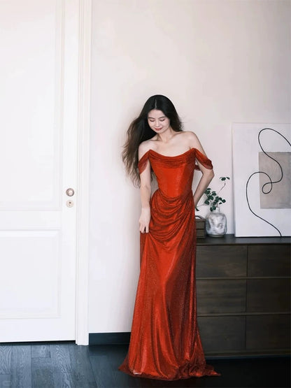 Robes de bal scintillantes sirène épaules dénudées robe de soirée longue à sequins rouges N3921