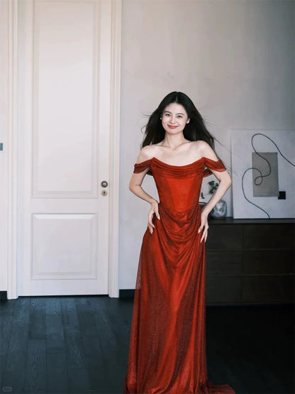 Robes de bal scintillantes sirène épaules dénudées robe de soirée longue à sequins rouges N3921